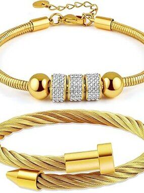 18K Gold Plated Nail Bangle & Chain Bracelet Set for Women Adjustable Stackable